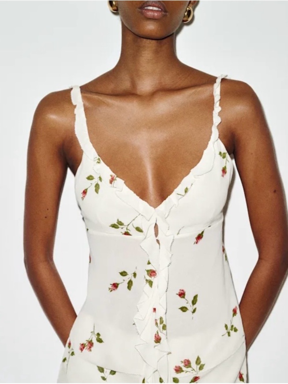 Reformation Cream Floral Ruffle-Trim Slip Top